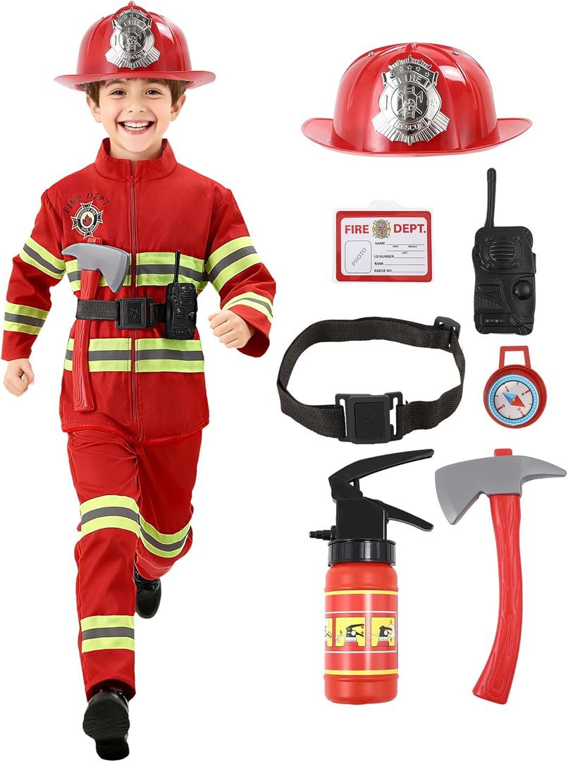 Fireman Costume for Kids with Toys Accessories, Boys Firefighter Birthday Halloween Party Dress Up Role Play (3-4 Y / Small, Red)