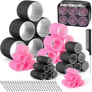 6 Size Hair Rollers for Women, 62 Pcs Rollers Hair Curlers for Blowout Look Long Medium Short Hair, Jumbo Large Medium Small Self Grip Curlers with 36 Roller 24 Clips 1 Storage Bag (Pink+Black)