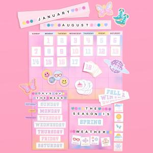 xo, Fetti Bulletin Board Set, 79 pieces | Classroom Centers Calendar, Weather Decorations, Pink School Day Sign, Days of the Week, Friendship Bracelet Teacher Supplies