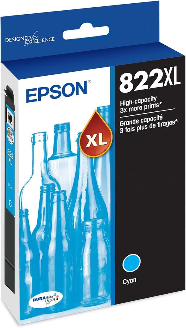 EPSON 822 DURABrite Ultra Ink High Capacity Cyan Cartridge (T822XL220-S) Works with WorkForce Pro WF-3820,3823, 4820, 4830, 4833, 4834
