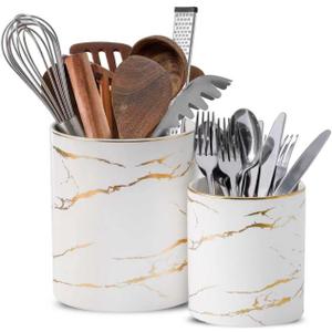 7"+5.3" Marble Utensil Holder, Large Kitchen Utensil Holder Organizer , Golden Marble White Stable Utensil Crock Spatula Holder for Kitchen Counter Countertop Farmhouse Cooking Tools Holder