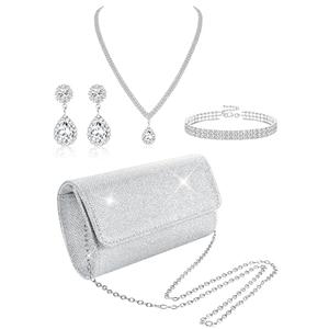 Subiceto 4Pcs Silver Clutch Purse Jewelry Set for Women Evening Rhinestone Purse Crystal Necklace Earrings Bracelets Set Silver Accessories for Women Bride Wedding Jewelry Lightweight Teardrop