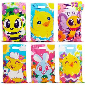 JOYIN 72 Pcs Easter Large Plastic Tote Bags, Easter Goodie Treat Gift Bags for Egg Hunt, Kids Party Favor Party Supplies(Animals and Flowers) (cute)