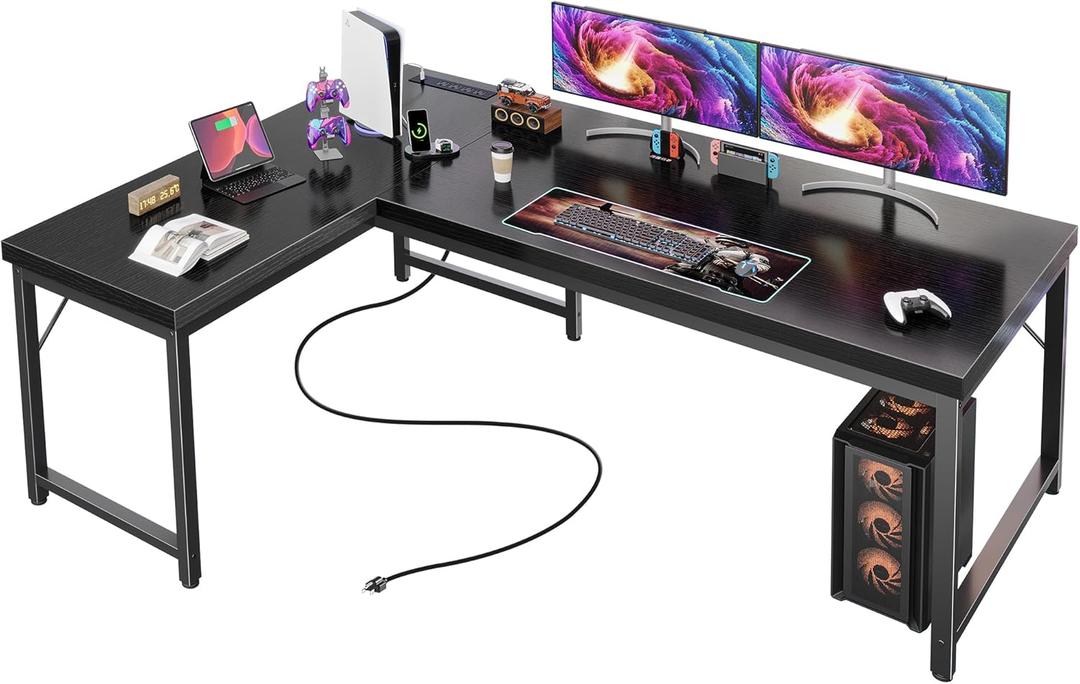 Huuger 55 Inch L Shaped Desk with Power Outlets and USB-C Port, Reversible Computer Desk, Larger Office Corner Gaming Desk, 0.95 Inch Thicker Desktop, Metal Frame, for Home Office, Study, Black