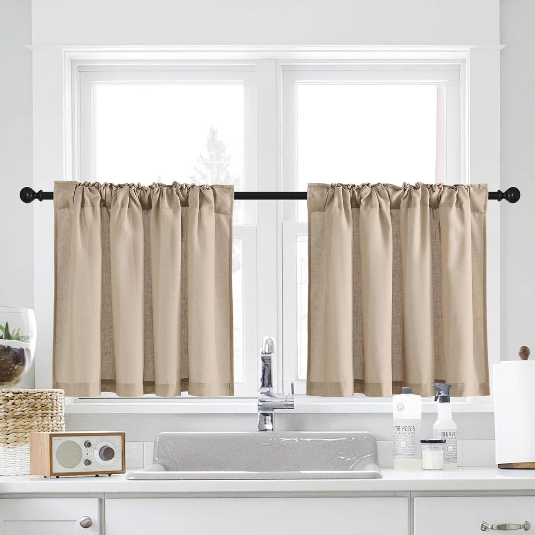 NICETOWN Cafe Linen Tier Curtains - 30 Inch Length Farmhouse Solid Short Small Half Window Curtains with Back Tab & Rod Pocket for Bathroom, 2 Panels, 55Wx30L, Angora