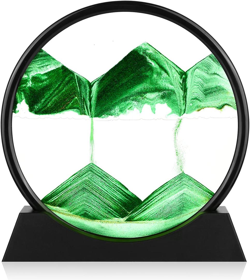 Herecanli Moving Sand Art Picture - 3D Quicksand Painting Decor - Round Glass 3D Deep Sea Sandscape - Relaxing Decoration for Home,Office,Desk,Mantle,Bookshelf,Room- (Green, 12 in)