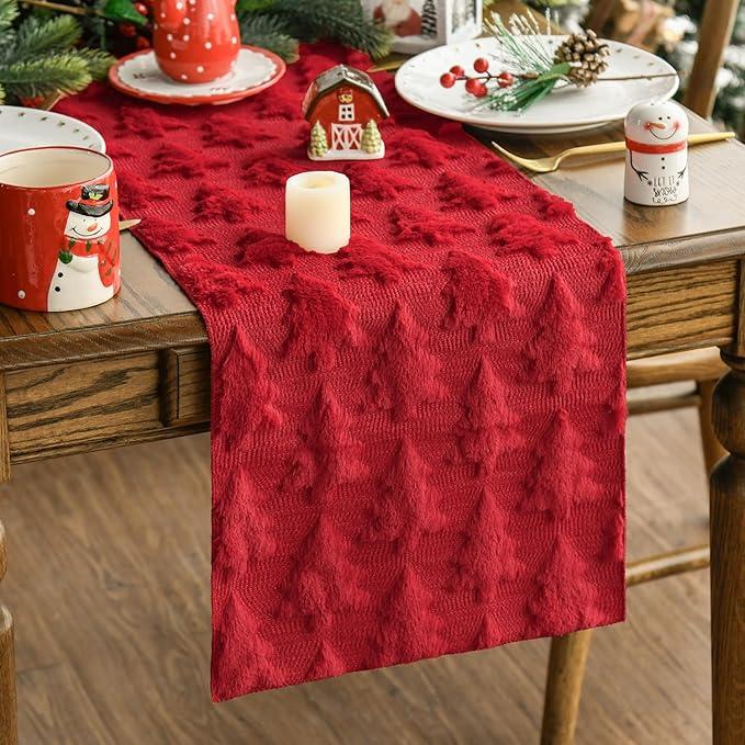 Artoid Mode Christmas Trees Red Soft Plush Faux Fur Jacquard Christmas Table Runner, Holiday Kitchen Dining Table Decoration for Home Party Decor 13x72 Inch