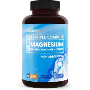 BioEmblem Triple Magnesium Complex | 300mg of Magnesium Glycinate, Malate, & Citrate for Muscles, Nerves, & Energy | High Absorption | Vegan, Non-GMO (180 Capsules), Expiry: 02/2029