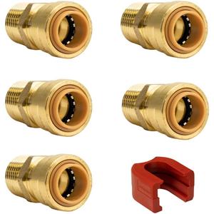 QuickFitting 1/2 Inch x 1/2 Inch MNPT Straight Male Adapter, Push to Connect Brass Plumbing Fitting with Slip Clip Disconnect Tool, for Copper, PEX and CPVC, 5 Pack