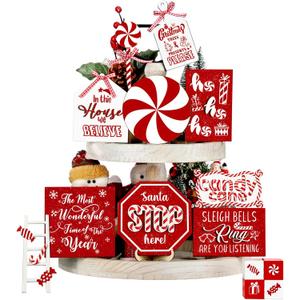Mifoci 14 Pcs Christmas Tiered Tray Decor Rustic Christmas Decorations Snowman Santa Candy Wood Sign Xmas Table Tiered Tray Winter Farmhouse Rustic Table Decor for New Year Home Shelf Tabletop