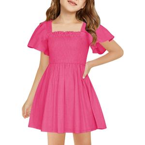 Haloumoning Girls Ruffle Short Sleeve Smocked Summer Dress Kids Square Neck A Line Flowy Mini Dresses 9-10 Years (Pink)