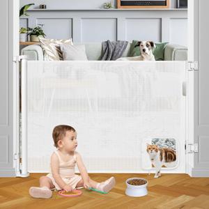 Retractable Baby Gate with Cat Door 55" Wide Baby Gate Indoor Retractable Dog Gate Outdoor Retractable Gate Pet Gates with Walk Through Door Gate Cat Gate for Doorway Baby Gate for Stairs, White, Size: (35" Tall x 55" Wide)