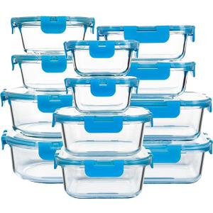 FAWLES 12 Pack Glass Meal Prep Containers with Airtight Lids, LeakProof Food Storage Containers, Dishwasher/Microwave/Oven/Freezer Safe Glass Containers for Lunch, Leftovers, to Go (Blue)