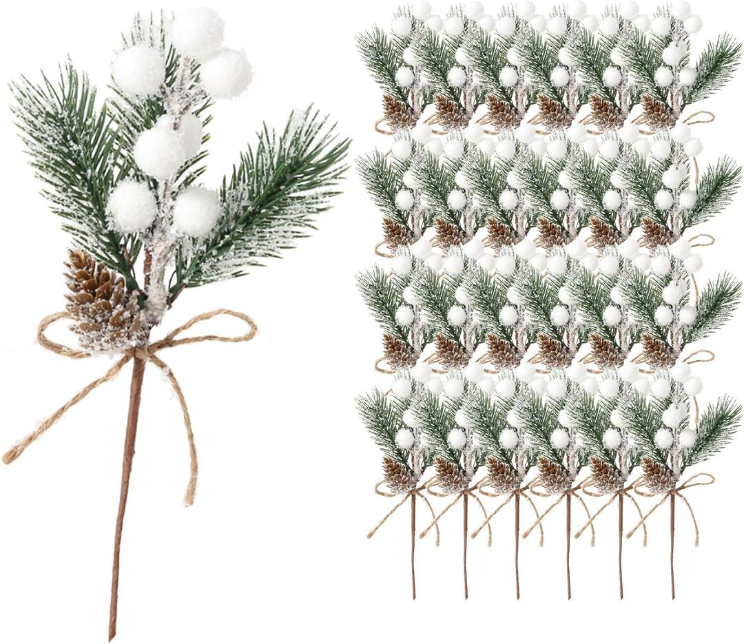 ALAGIRLS 24 PCS 8" Christmas Pine Picks, Artificial Pine Needles Branches with White Berry Stems, Small Fake Holly Berries Pinecones Branches for Crafts Christmas Tree DIY Garland Holiday Wreath