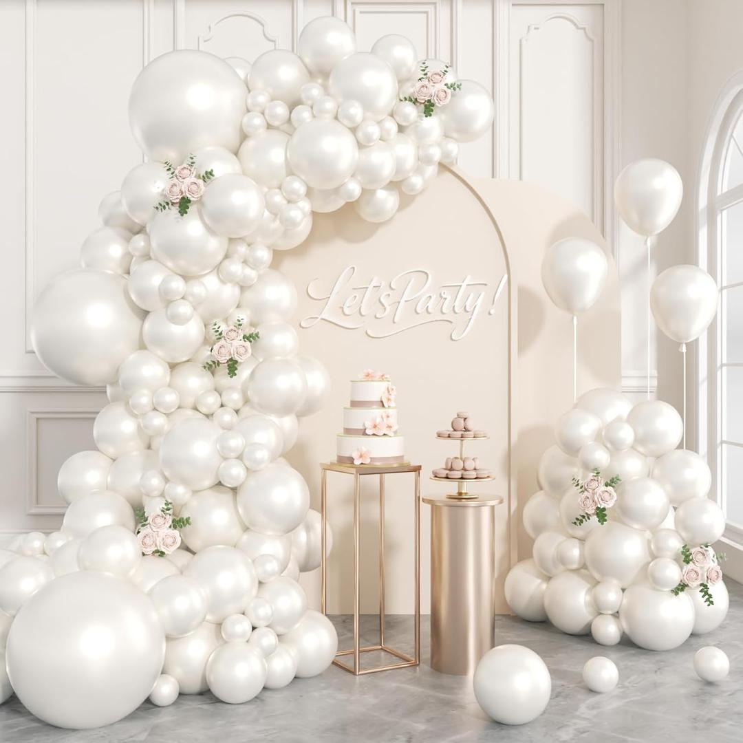 Pearl White Balloons, Double Stuffed White Balloons Different Sizes 5/10/12/18 Inch Pearl Balloon Arch Garland Kit for Wedding Engagement Bridal Baby Shower Birthday Party Decorations