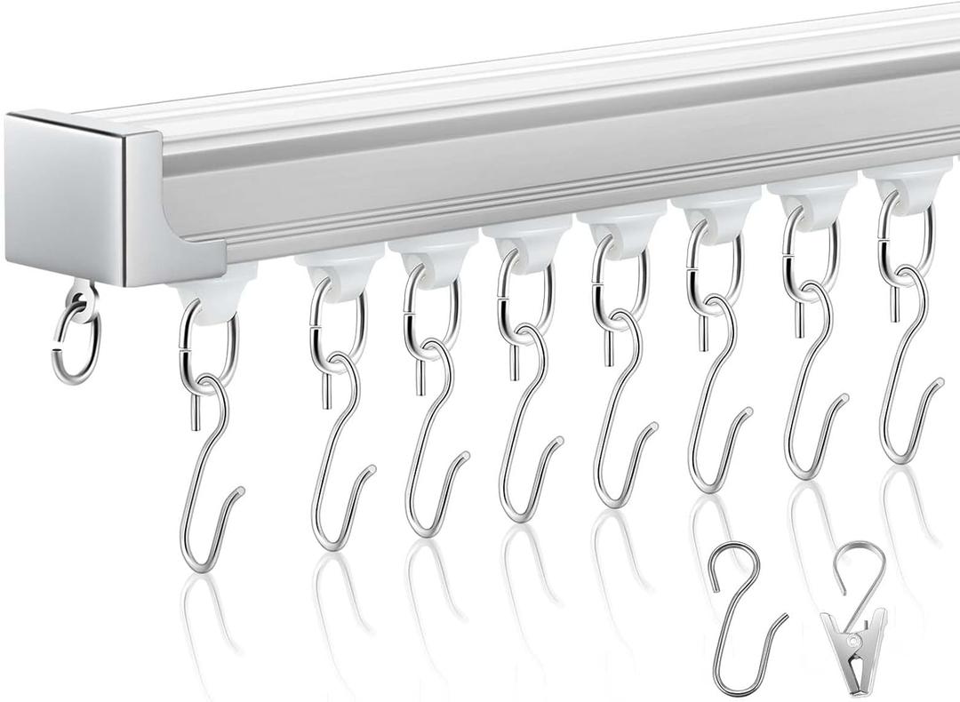 Juexica Ceiling Curtain Track Set White 14.4ft-18ft Heavy Duty Ceiling Mount Adjustable Length Curtain Rails with Clips Hooks End Hook for Room Divider
