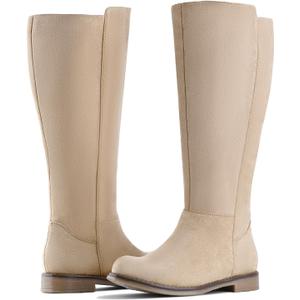 Shoe'N Tale Wide Calf Knee High Boots for Women Flat Low Heel Width Stretchy Round Toe with Side Zipper Fall and Winter Fashion Comfortable (Beige)