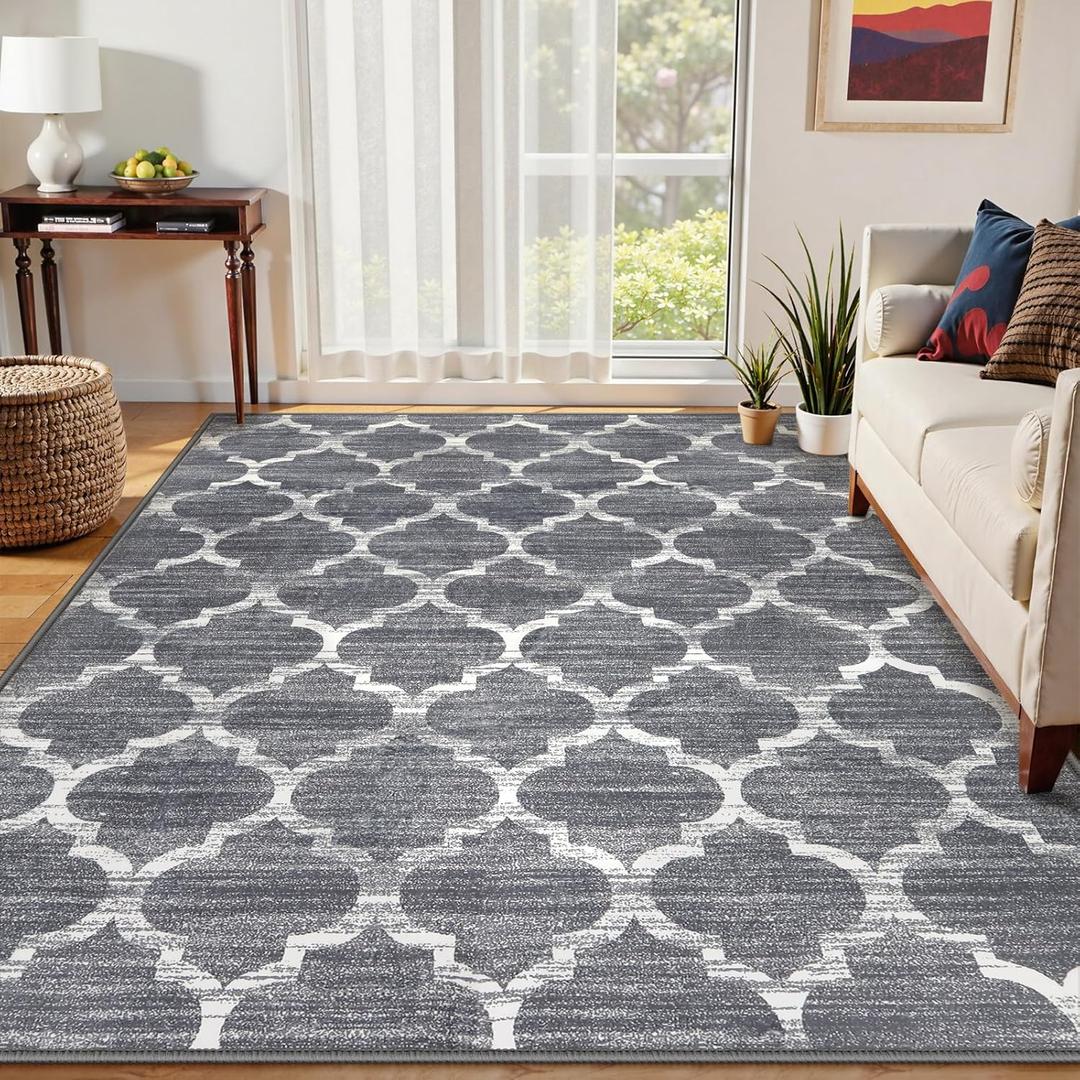 Lahome Moroccan Area Rugs 8x10,Non Slip Large Dark Grey Living Room Rugs 8x10, Soft Rug for Bedroom Low-Pile Geometric Area Rug Boho Carpet for Dining Room Office Dorm