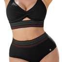 Popilush Tummy Control Swimsuits for Women - High Waisted Bikini Sets Shapewear with Boho Trim 4 Way Wear Pool and Beach (Large, Black)