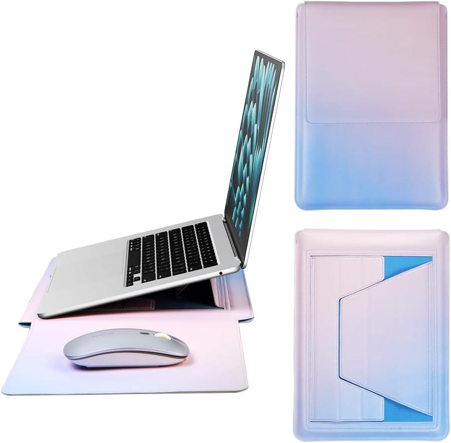 IMMOENUC-Laptop Sleeve Case with Stand for MacBook Pro 16 A3403/A3186/A2991/A2780/A2485/A2141 M4 M3 M2 M1 Pro/Max MacBook Air 15 A3241/A3114/A2941 16 inch PU Slim Bag with Mouse PadIcelandic Blue