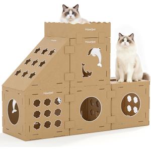 DIY Cardboard Cat House with Scratching Pad, Cat Tower Indoor Play House, Versatile Cardboard Cat Tunnel Box for One or More Pets, Indoor Use Rabbit Hideout Cave Castle Brown, 6 Parts