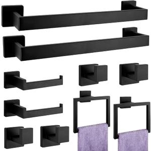 Bathroom Accessories Towel Bar Set: 10 Pieces Matte Black Bathroom Hardware Square SUS304 Stainless Steel - Wall Mounted Towel Rack&Toilet Paper Holder&Towel Ring and Towel Hook Bathroom Accessories Towel Bar Set: 10 Pieces Matte Black Bathroom Hardware Square SUS304 Stainless Steel - Wall Mounted Towel Rack&Toilet Paper Holder&Towel Ring and Towel Hook