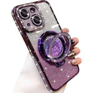 Glitter Kickstand Case for iPhone 15 Plus, Luxury Bling Sparkly Diamond Rhinestone with Camera Protector Liquid Flowing Ring Stand TPU Bumper Women Girls Case for iPhone 15 Plus 6.7" (Purple)