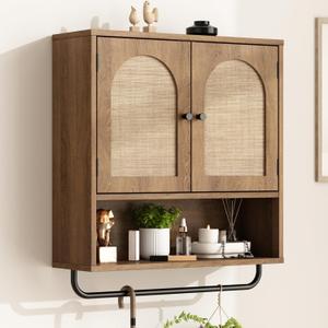 RUSTOWN Rattan Bathroom Wall Cabinet, Boho Medicine Cabinet with 2 Arched Doors, Farmhouse Over The Toilet Storage Cabinets with Adjustable Shelves & Towel Bar, 3-Tier Wall Mounted Cabinets (Natural Oak)