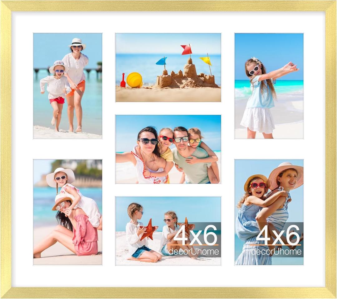 DecorUhome 15x17 Picture Frames Collage Wall Decor, Display 7Pcs 4x6 Photos with Mat or 1Pcs 15x17 Unmatted, 7 4x6 Collage Picture Frames for Wall Mounting, Gold
