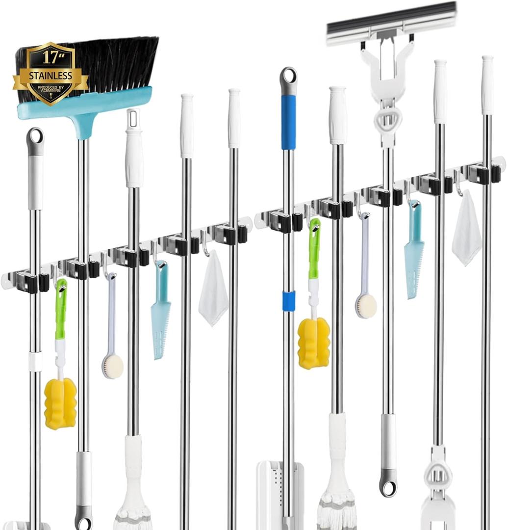 2 Pack Mop and Broom Holder Wall Mount, 5 Racks and 4 Hooks Broom Organizer Storage Tool Racks Stainless Steel Heavy Duty Hooks Self Adhesive Solid Non-slip for Home Kitchen Garden Laundry Garage