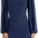 Ofenbuy Women's Mesh Long Sleeve Dress Square Neck Ruched Mini Bodycon Dress Stretch Party Cocktail Dresses XS