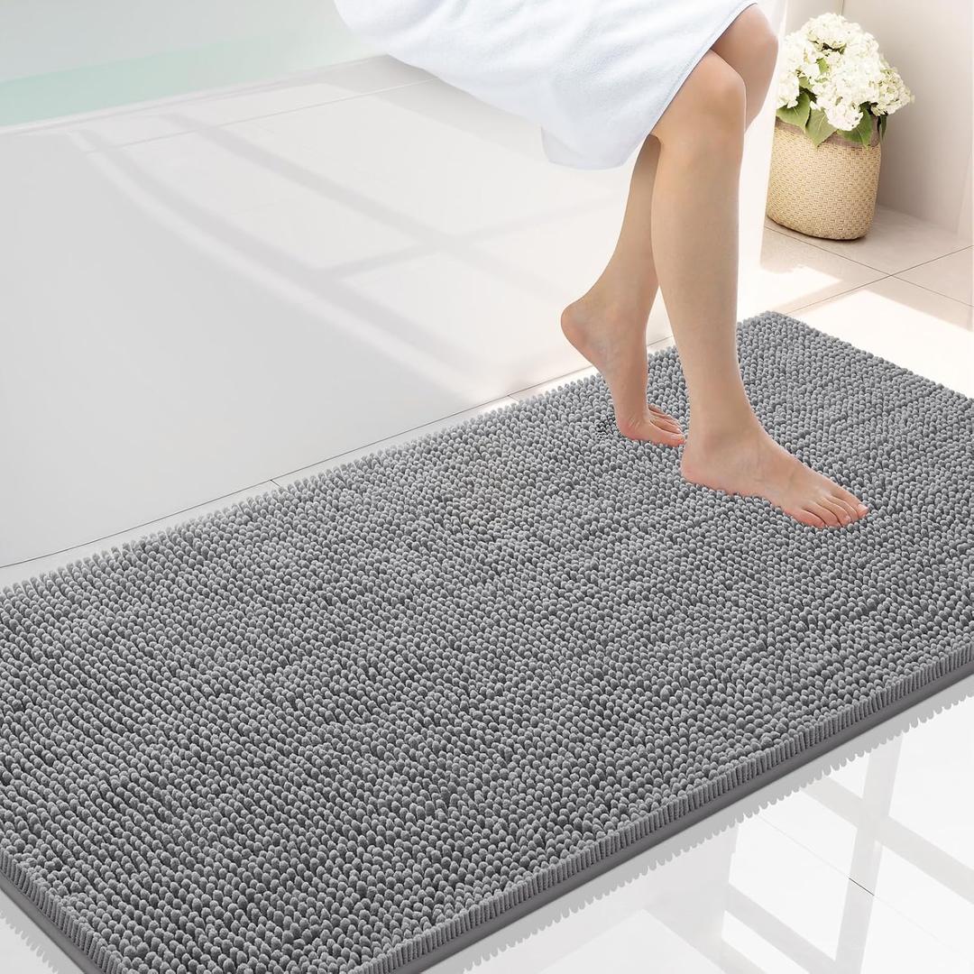 Smiry Luxury Chenille Bathroom Rugs 44x24, Extra Soft and Absorbent Shaggy Bath Mat, Machine Washable, Non-Slip Plush Carpet Runner for Tub, Shower, and Floor, Home Decor Accessories, Grey