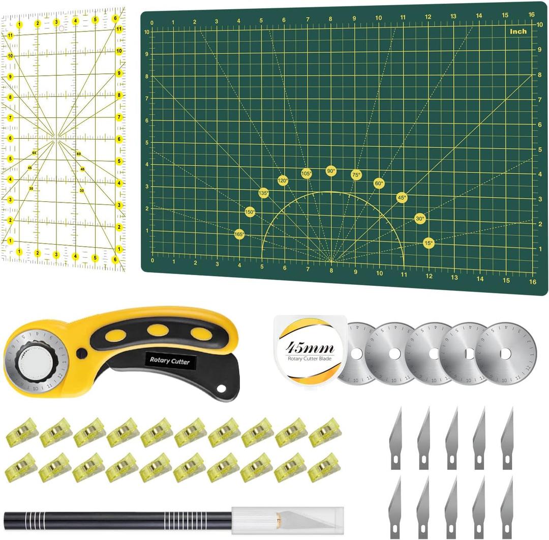Headley Tools Rotary Cutter Set - 45mm Fabric Cutter, 5 Extra Rotary Blades, A3 Cutting Mat, Quilting Ruler and Sewing Clips, Craft Knife Set, Ideal for Crafting, Sewing, Scrapbooking, Patchworking (Green)