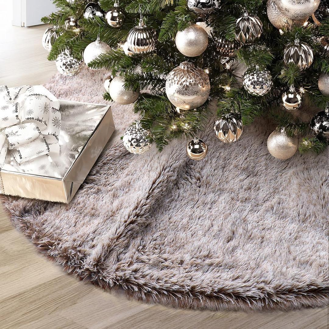 GMOEGEFT Christmas Tree Skirt 36 Inches Brown Plush Faux Fur for Slim Pencil Tree Xmas Holiday Decorations Ornaments