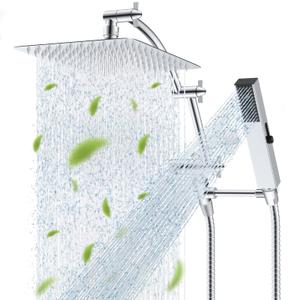 Hibbent All Metal CUPC Certified 10'' Rain Shower Head, Dual Shower Head Combo, High Pressure Handheld 4 Sprays Shower Wand, 16'' Adjustable Extension Arm, 71'' Hose, Shower Holder, Chrome