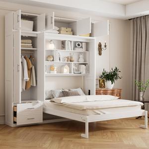 Merax Queen Size Murphy Bed with Top Cabinet, Shelves and Wardrobe, Fold into The Wall, Space-Saving Design Foldable Platform Bed Frame, Multifunctional Bed for Bedroom, Guest Room, Home Office, White