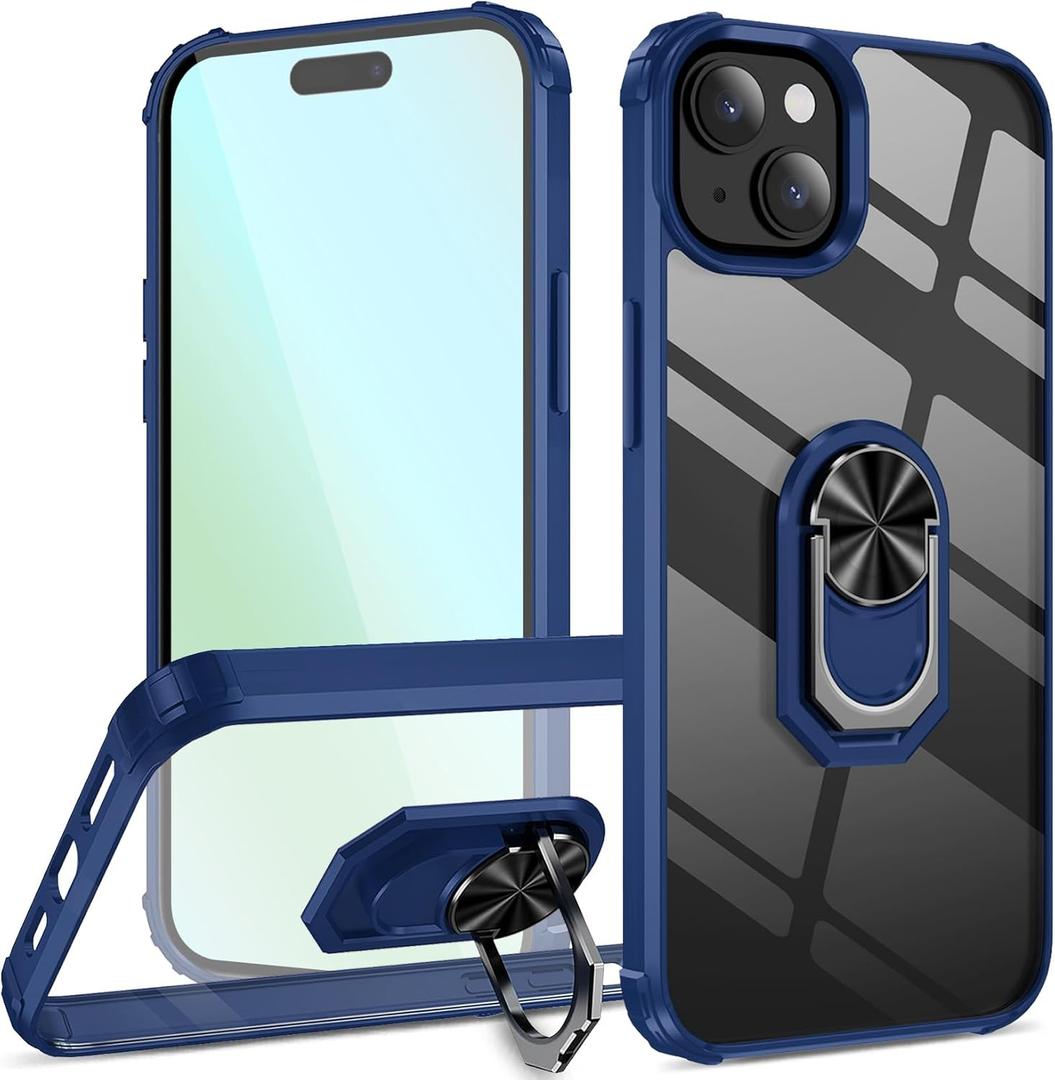 Ring Kickstand Clear Phone Case for iPhone 15 (6.1 Inch),Drop Protection Slim Protective Shell Cover,Flexible Bumper + Hard Back + Ring Stand Fits Magnetic Car Mount,Blue