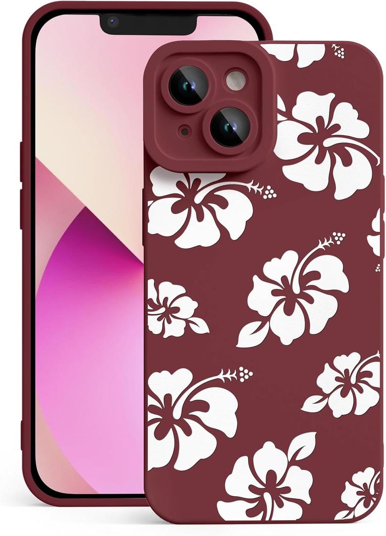 2 x for iPhone 13 Phone Case, Printed Silicone, White Hibiscus | Printed Silicone Case, Ultra-Thin Soft Feel, Shockproof Protection, Girly Pattern Design