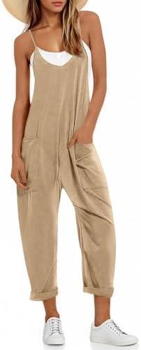 Fisoew Women's Summer Sleeveless Loose Casual V Neck Jumpsuits Spaghetti Strap Long Pants Baggy Overalls with Pockets, Large, Light Coffee