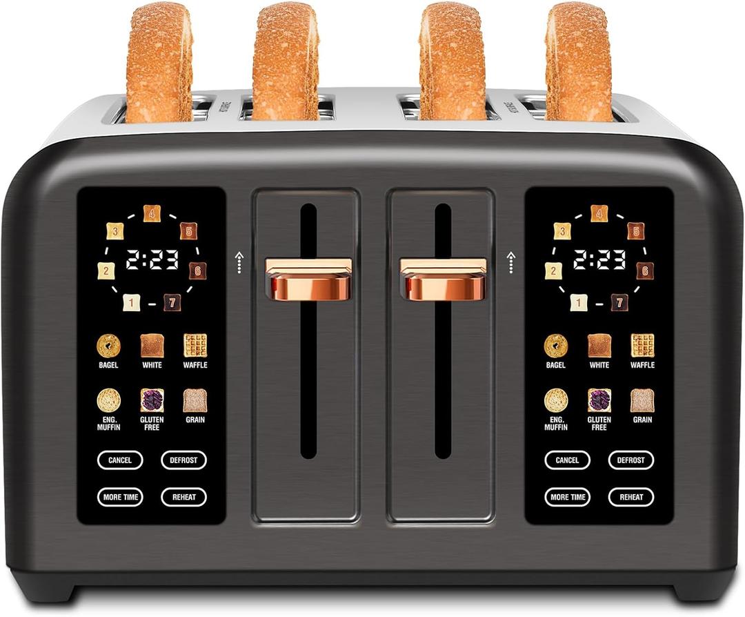 SEEDEEM Toaster 4 Slice, Stainless Steel, Touch Screen for Dual Control, Digital Timer, Smart Toaster with 6 Bread Type, 7 Shade Setting, 1.5''Wide Slot, Removable Crumb Tray, 1800W, Dark Metallic (Grey)