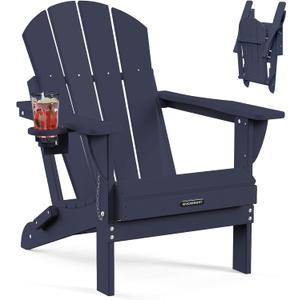 MUCHENGHY Folding Adirondack Chairs, Patio Chairs, Lawn Chairs, Outdoor Chair, Adirondack Chair Plastic, Fire Pit, Weather Resistant with Cup Holder for Deck, Backyard, Garden(Dark Navy Blue), 20.87 inches x 34.84 inches x 6.1 inches