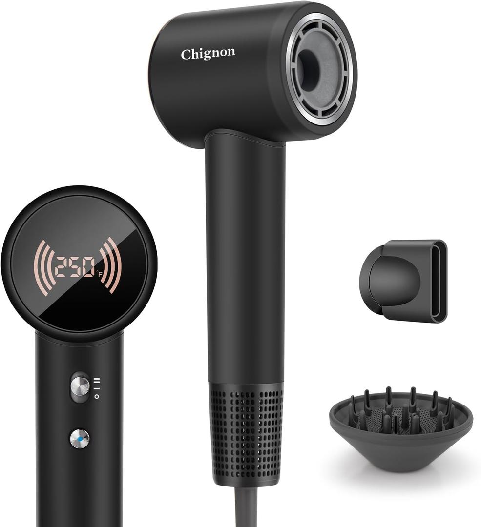 Chignon Ionic Hair Dryer with Diffuser - 110,000 RPM Brushless Motor, Smart Temperature Display & Magnetic Attachments, Low Noise 110V for Fast Professional Styling (Black)