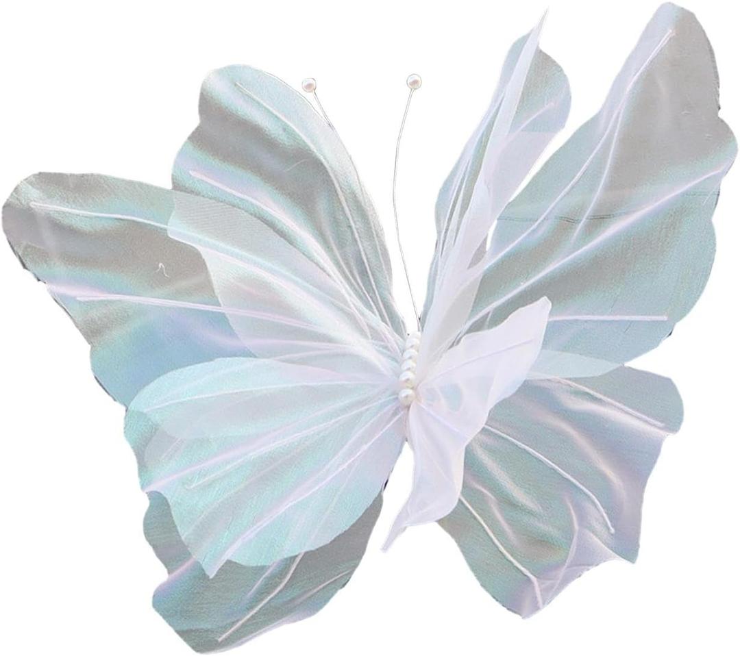 Silk Yarn Artificial Butterfly Decoration, Giant Gauze Fake Butterfly Mesh Photography Props Mariage Decor for Wedding, Outdoor, Bedroom, Parties, White