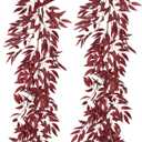 RECUTMS Artificial Hanging Willow Leaves Vine Twigs 2Pcs 5.7Ft Fake Silk Burgundy Leaf Ivy Fall Garland Faux Greenery Indoor Outdoor Valentines Day Wedding Birthday Christmas Thanksgiving Party Decor