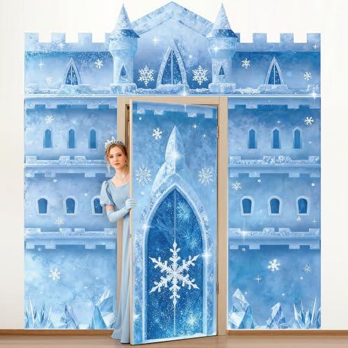 WovWeave 4 Pcs Winter Princess Door Decoration Set Ice Snowflake Birthday Door Covers for Snow Birthday Party Home Office Wall Blue Backdrop Castle Banner Photo Background Decoration