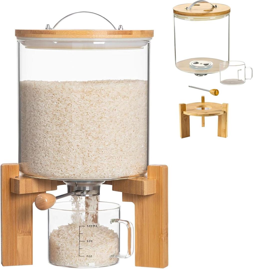 SCENEN Glass Rice Dispenser 5L, Cereal Dispenser Countertop, Grain Dispenser/Food Storge Container for Kitchen and Pantry Organization, Cereal Dispenser with Bamboo Holder