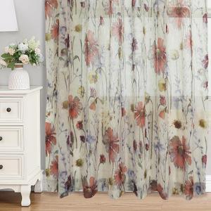 OWENIE Crushed Sheer Curtains 63 Inches Length 2 Panels Set, Sheer Floral Curtians with printed Design, Printing Drapes on Sheers for Living Room, Rod Pocket Light Filtering Window Sheers 42" W x 63"L (42"W x 63"L (Pack of 2), Multi Color)