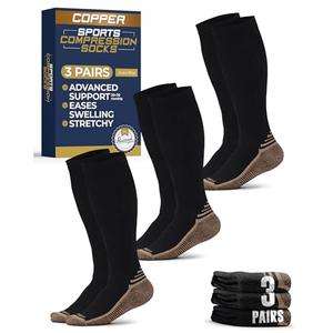 Pembrook 3 Pairs Copper Compression Socks Men 20-30 mmHg, Black Compression Socks, Support for Running Athletic Cycling Hiking, Good for Edema and Varicose Veins