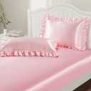 P Pothuiny 3-Piece Set Ruffle Satin Pillowcases & Full Fitted Sheet, Luxury Blush Pink Satin Fitted Sheet Silky Soft Cute Bedding Bedroom Dorm Decor, Wrinkle Free, 15 Inch Deep Pocket