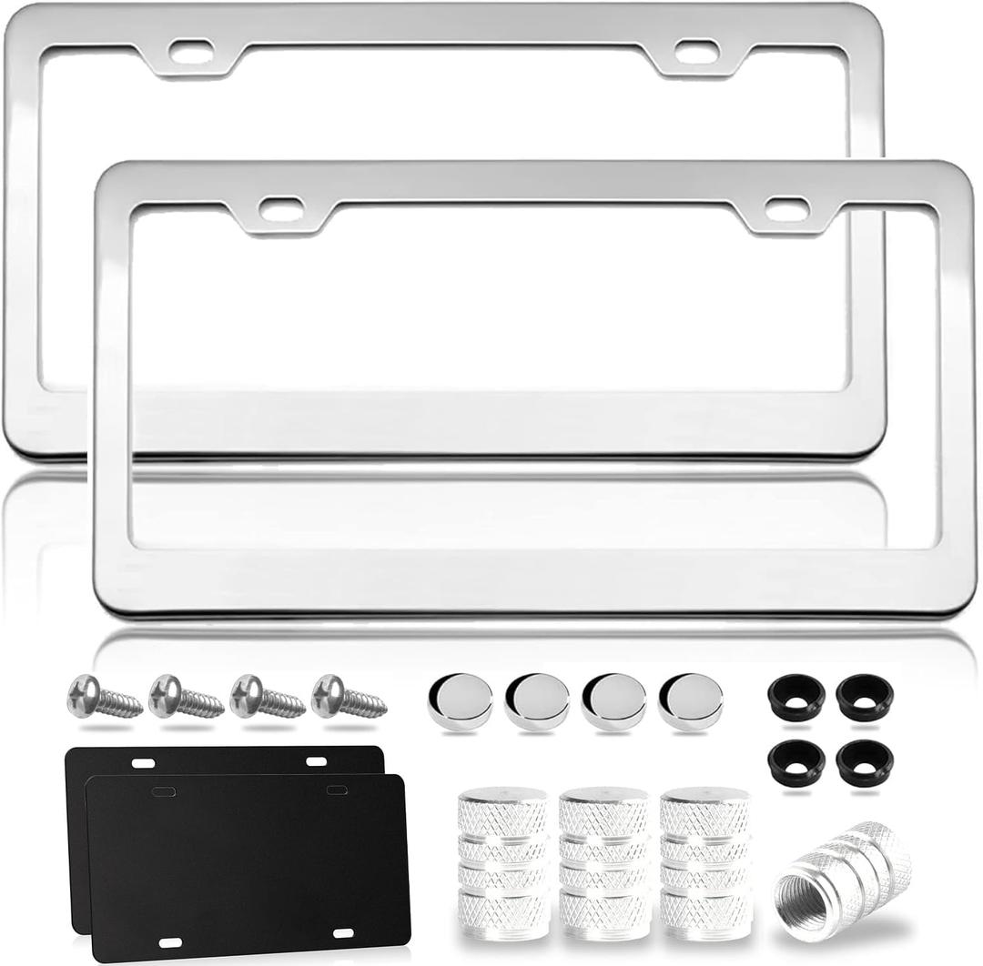 Mirror Polished Heavy Duty Stainless Steel License Plate Frame with Chrome Screw Caps, 2 Holes Rust-Proof Chrome-Like Finish Stainless Steel License Plate Frames 2 Pack (Common Style)